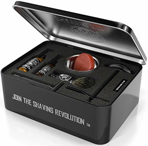 Open black shaving kit box with grooming products inside.