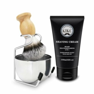 Shaving brush with holder and sandalwood scented shaving cream.