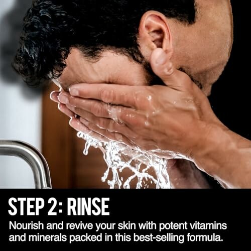 Man rinsing face with water in skincare routine.