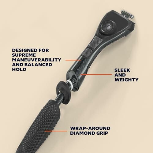 Sleek razor with wrap-around diamond grip and maneuverability features.