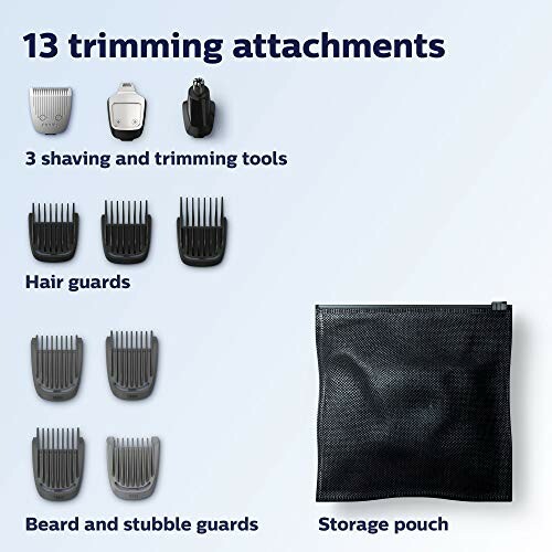 Set of 13 trimming attachments including shaving tools, hair guards, beard guards, and storage pouch.