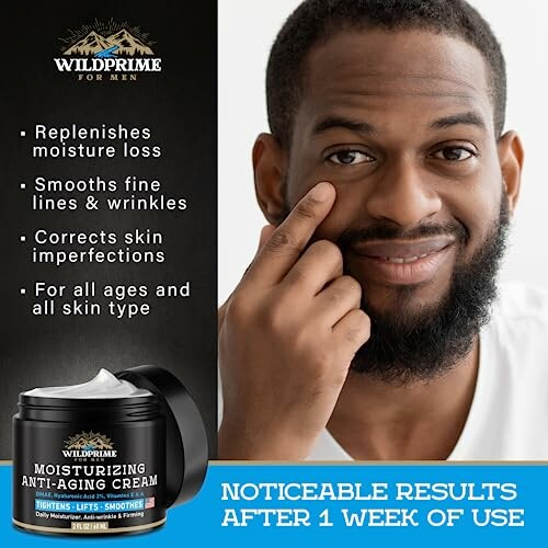 Man using Wildprime moisturizing anti-aging cream with benefits listed.